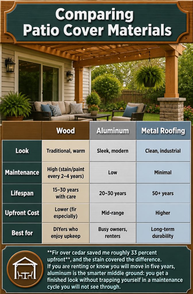 Table comparing wood, aluminum, and metal roofing materials.
