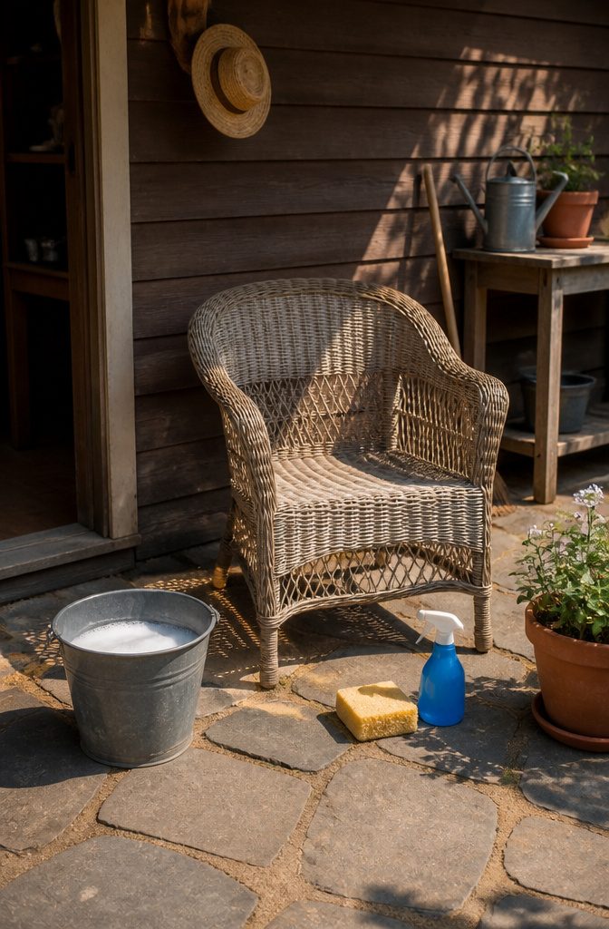 How to Repair Wicker Patio Furniture: A 2026 Guide to Fixing Unraveled Weave 5 Bucket of warm soapy water for cleaning wicker furniture.