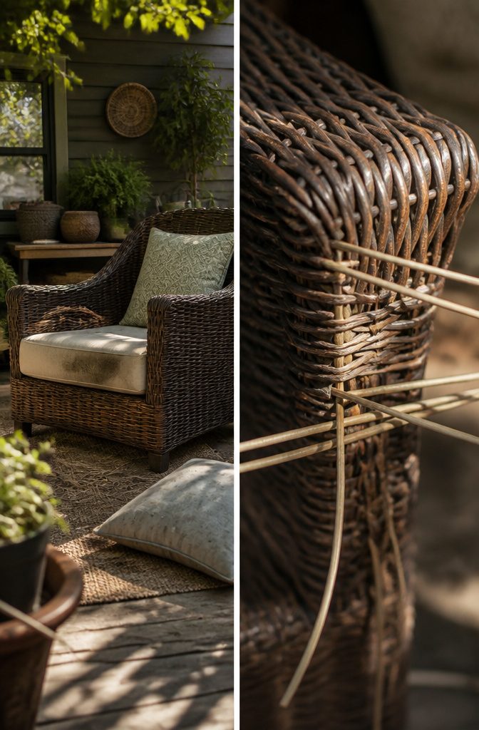 How to Repair Wicker Patio Furniture: A 2026 Guide to Fixing Unraveled Weave 3 Fingers following the weave pattern on a wicker chair.