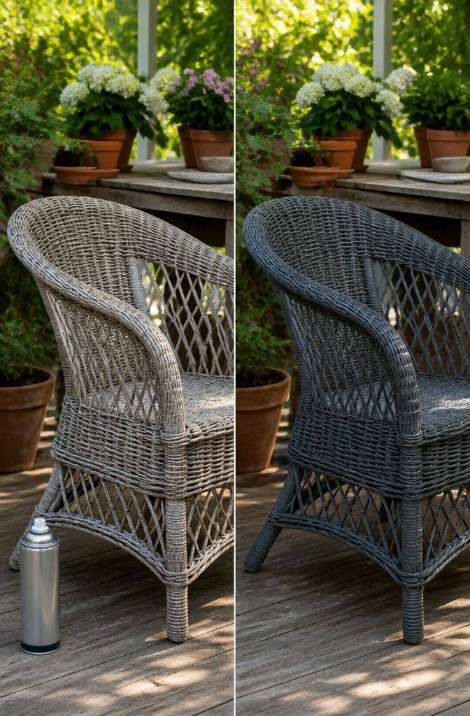 How to Repair Wicker Patio Furniture: A 2026 Guide to Fixing Unraveled Weave 6 Can of Rust-Oleum paint next to a wicker chair.