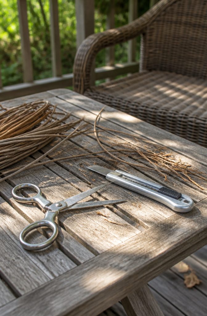 How to Repair Wicker Patio Furniture: A 2026 Guide to Fixing Unraveled Weave 1 Pair of scissors and a utility knife on a wooden patio table.