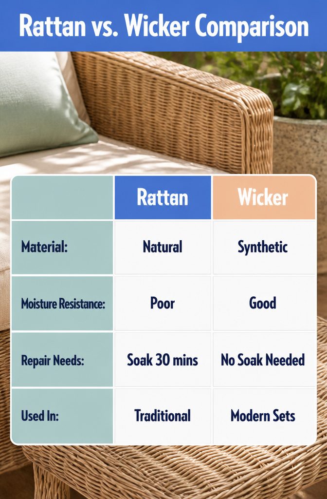 How to Repair Wicker Patio Furniture: A 2026 Guide to Fixing Unraveled Weave 9 Comparison of natural rattan and synthetic wicker materials.