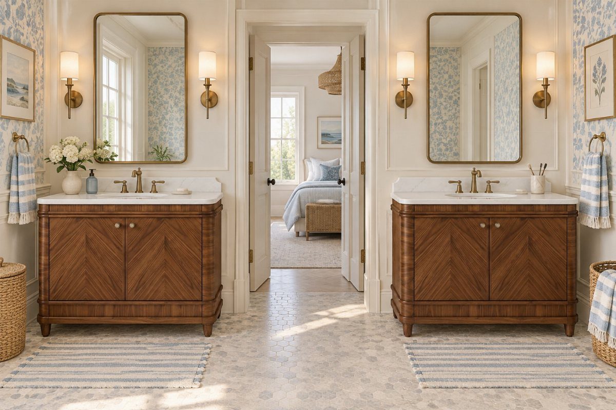 17 Jack and Jill Bathroom Remodel Ideas for Shared Spaces 13 Two separate wooden vanities with marble tops in a bright, traditionally styled bathroom.