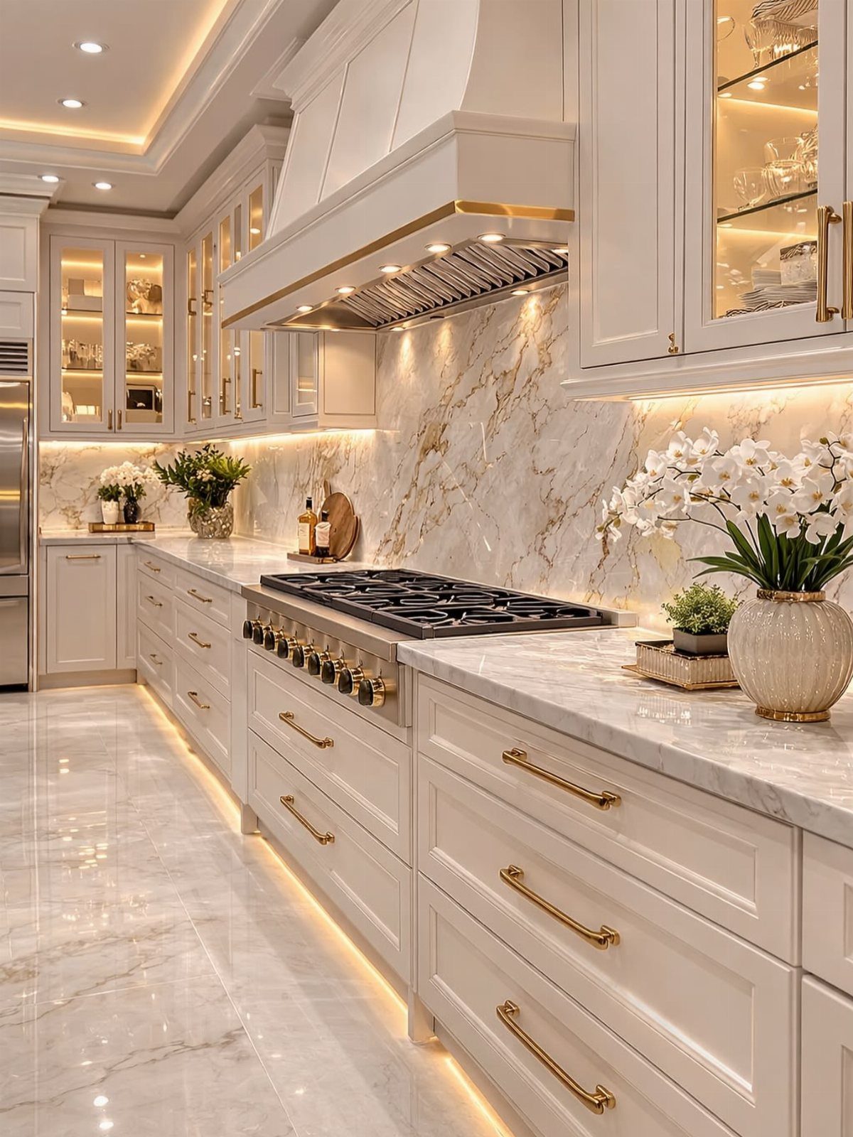 28 Kitchen Cabinets Remodel Ideas and Photos to Try in 2026 2 White luxury kitchen cabinets with gold hardware and warm under-cabinet LED lighting.