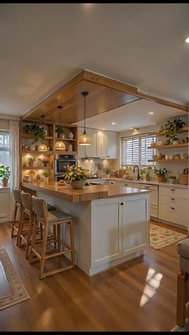 28 Kitchen Cabinets Remodel Ideas and Photos to Try in 2026 16 Kitchen with white cabinets, wooden island countertop, and a matching wood ceiling canopy.