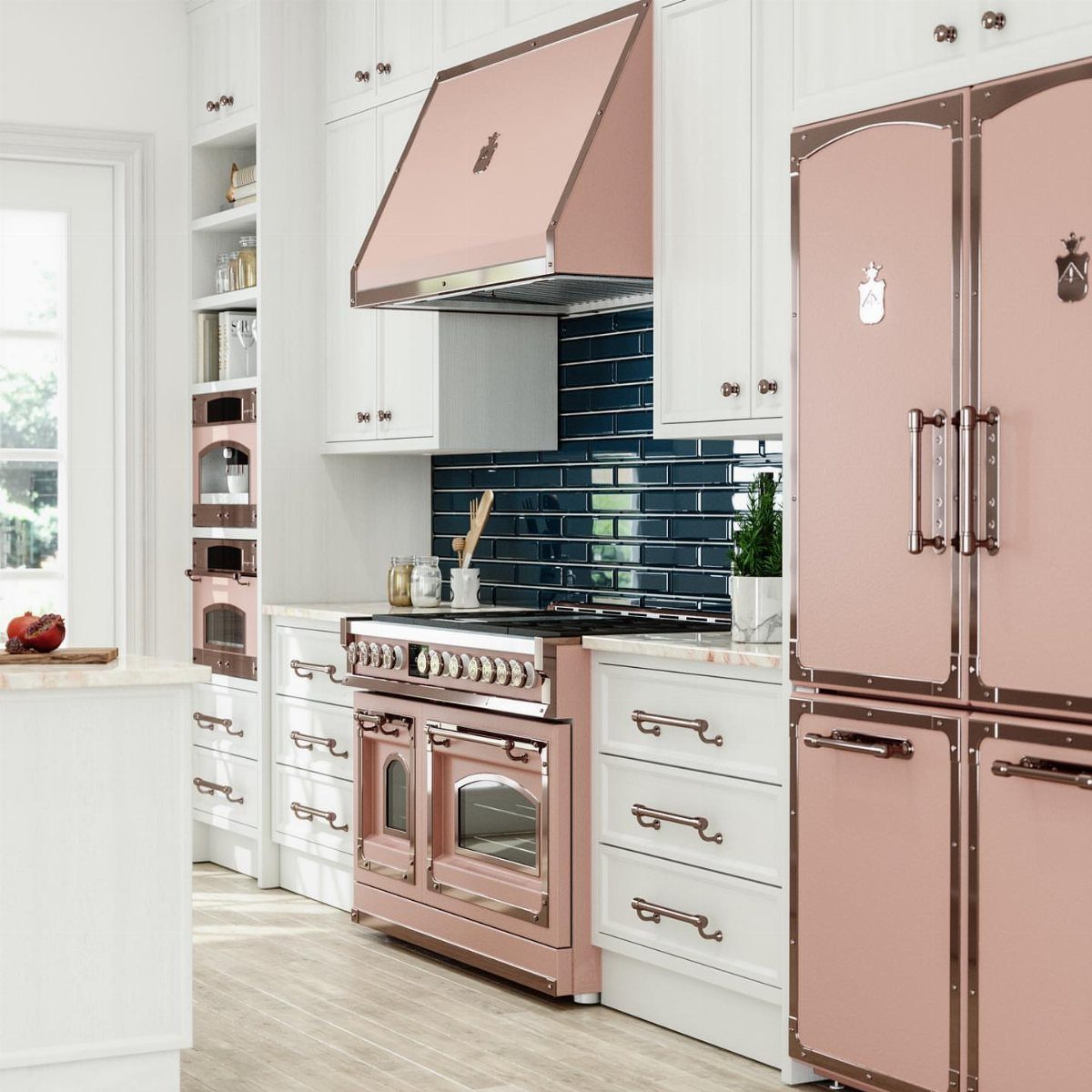 28 Kitchen Cabinets Remodel Ideas and Photos to Try in 2026 26 Bubblegum-pink range and matching refrigerator in a white kitchen with blue tile backsplash.