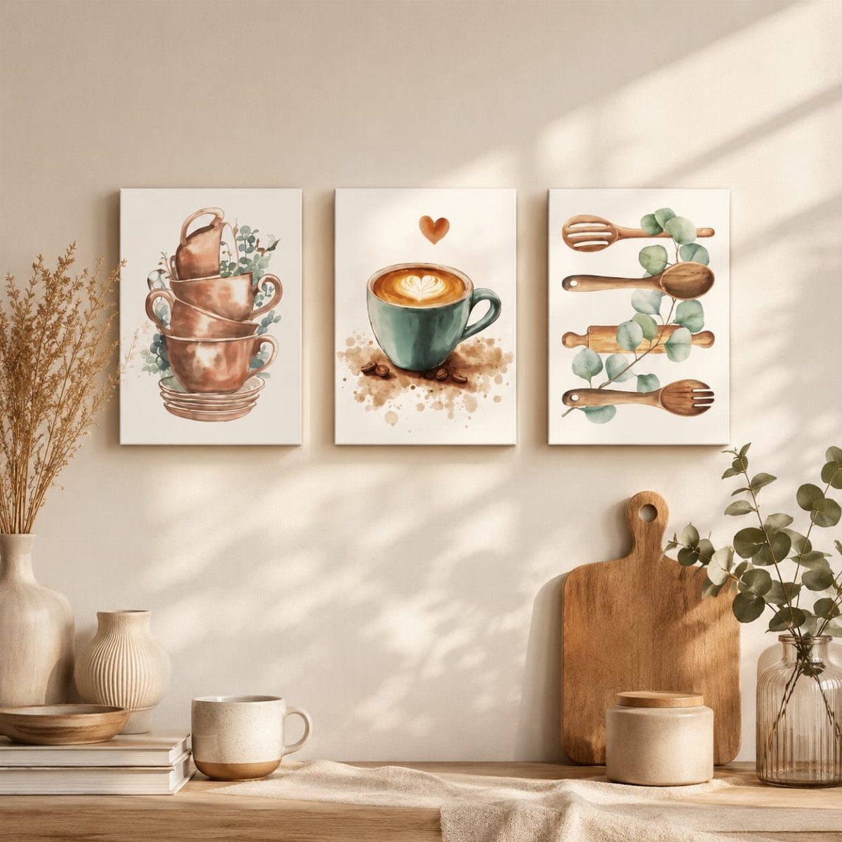 28 Kitchen Cabinets Remodel Ideas and Photos to Try in 2026 23 Three coffee and kitchen themed art prints hanging on a neutral kitchen wall.