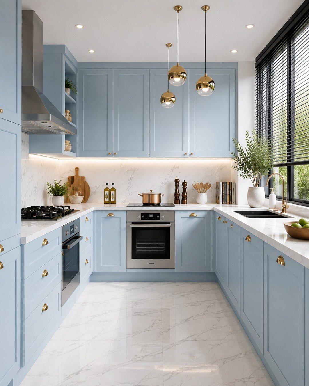 28 Kitchen Cabinets Remodel Ideas and Photos to Try in 2026 13 Light blue shaker-style kitchen cabinets with gold hardware and white marble countertops.