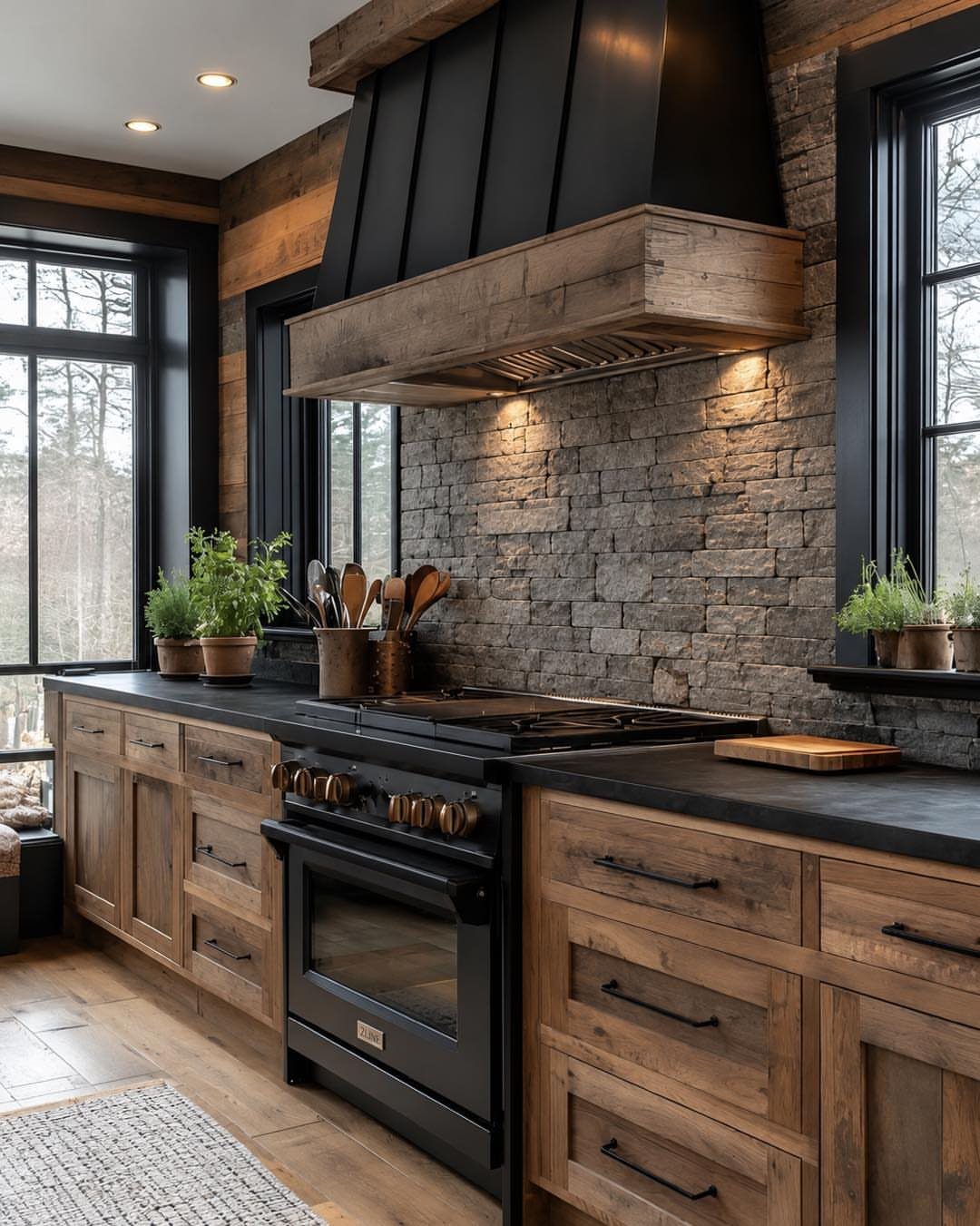 28 Kitchen Cabinets Remodel Ideas and Photos to Try in 2026 11 Rustic kitchen with natural wood cabinets, black stove, and grey stone backsplash.