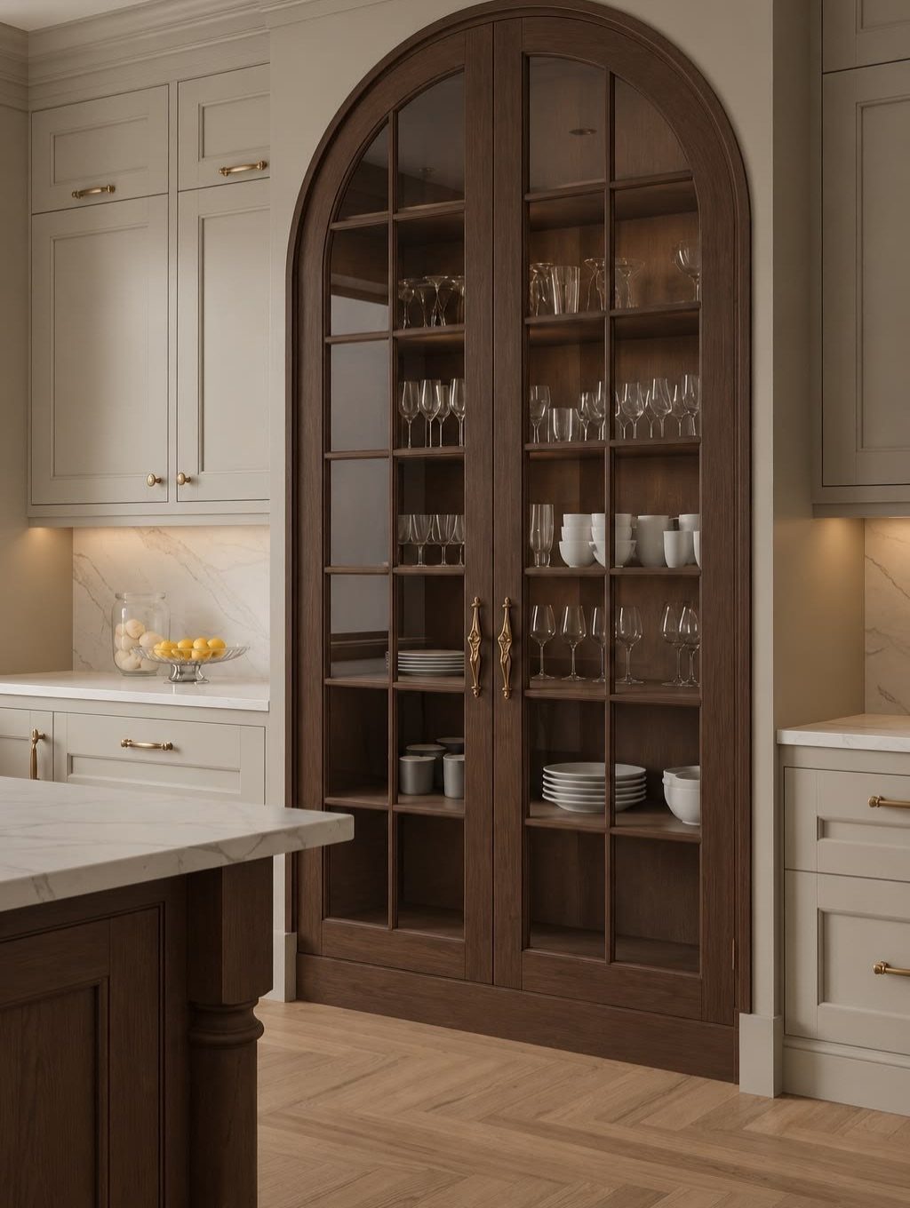 Dark wood cabinet with arched glass doors displaying glassware in a neutral kitchen.