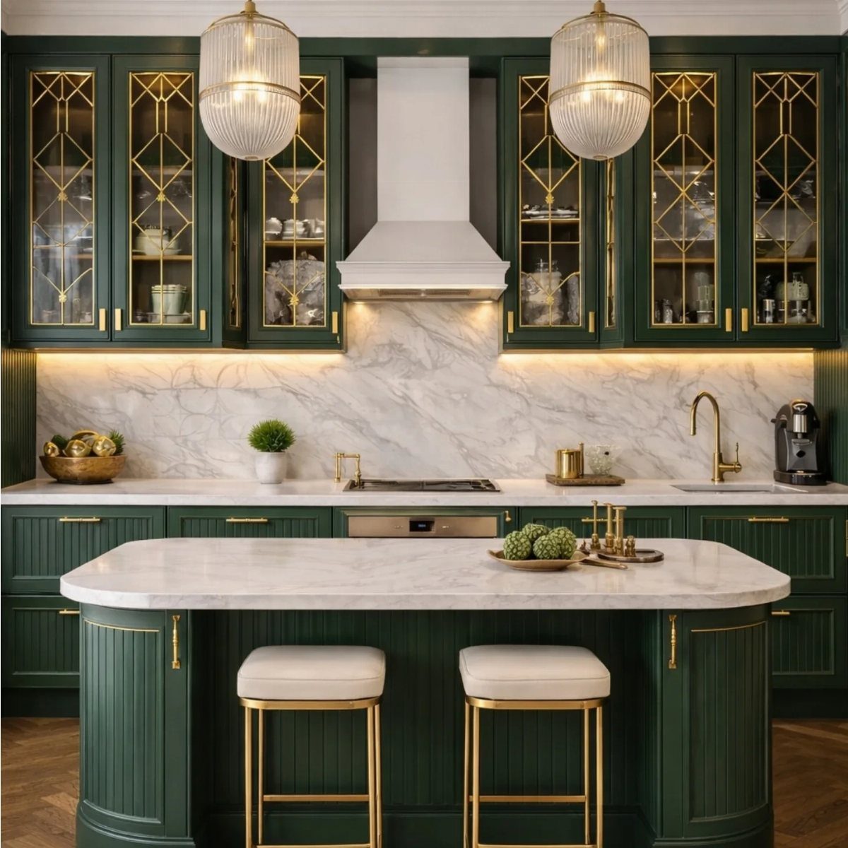 Green kitchen cabinets with gold geometric glass doors and white marble island.