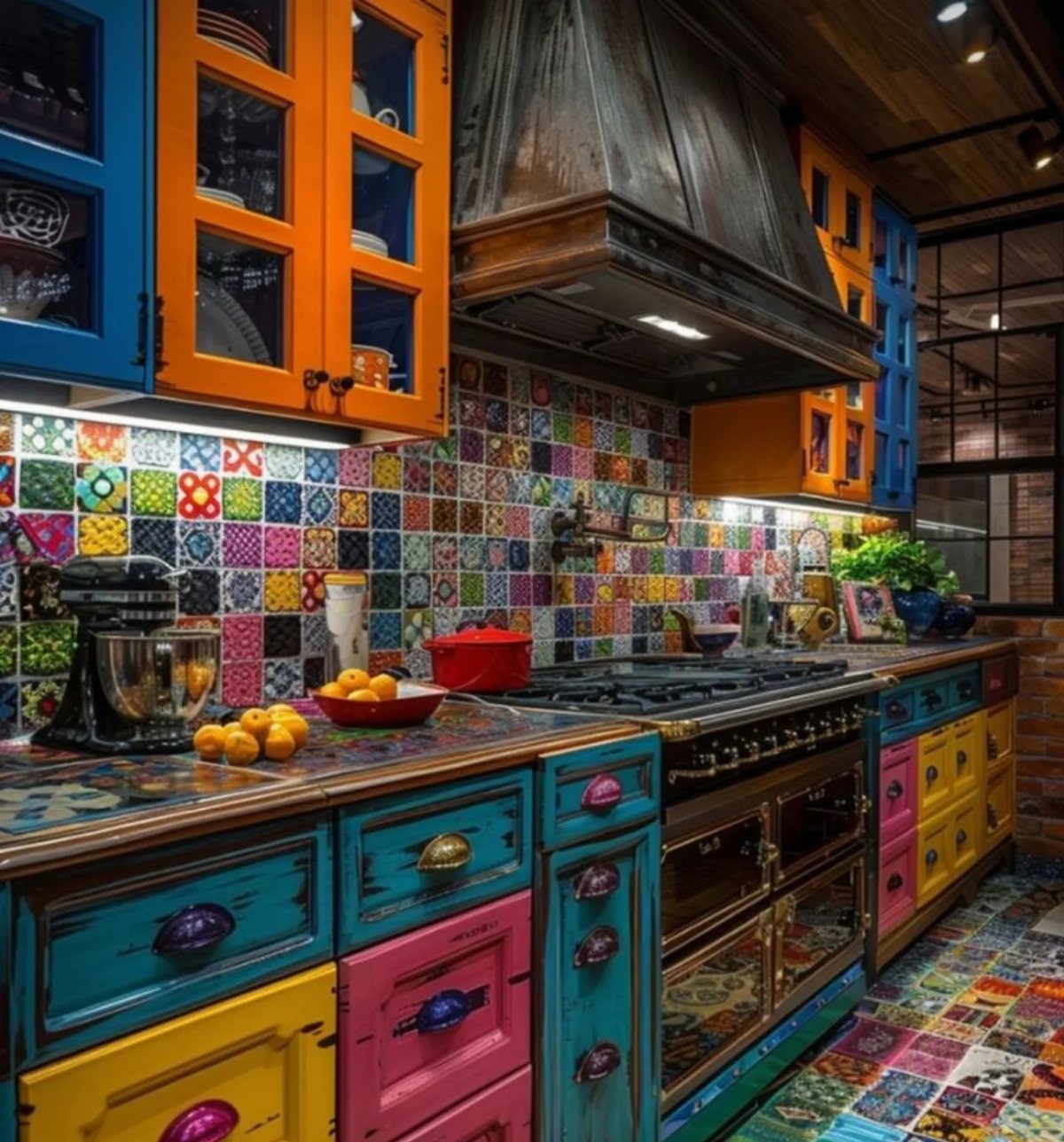 Colorful kitchen with multi-colored cabinets and vibrant mosaic tile backsplash and flooring