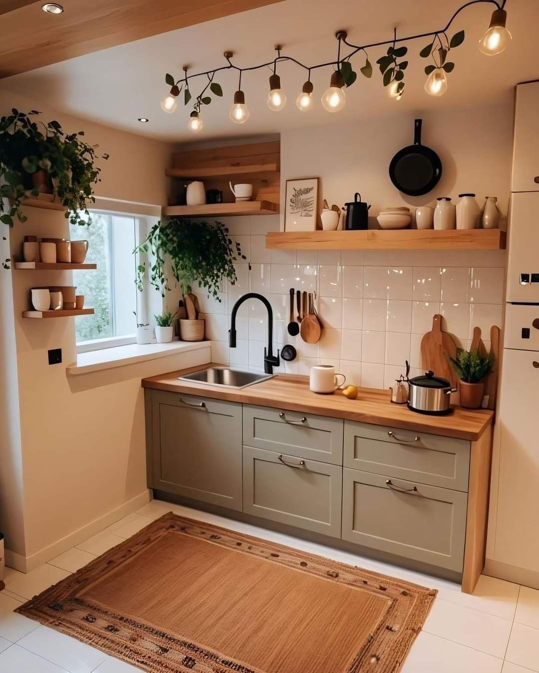 Small kitchen with sage green cabinets, wooden countertops, and hanging Edison bulb lights.
