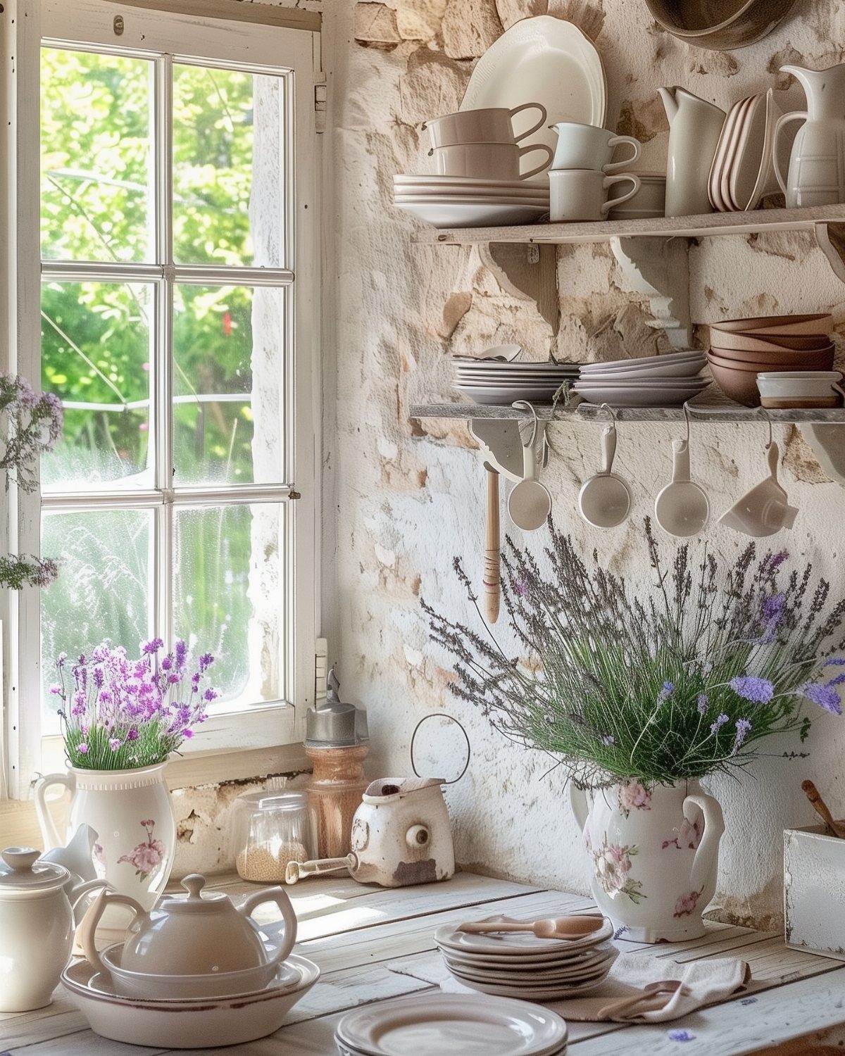 Rustic kitchen with stone walls, open shelving, lavender in pitchers, and white pottery.