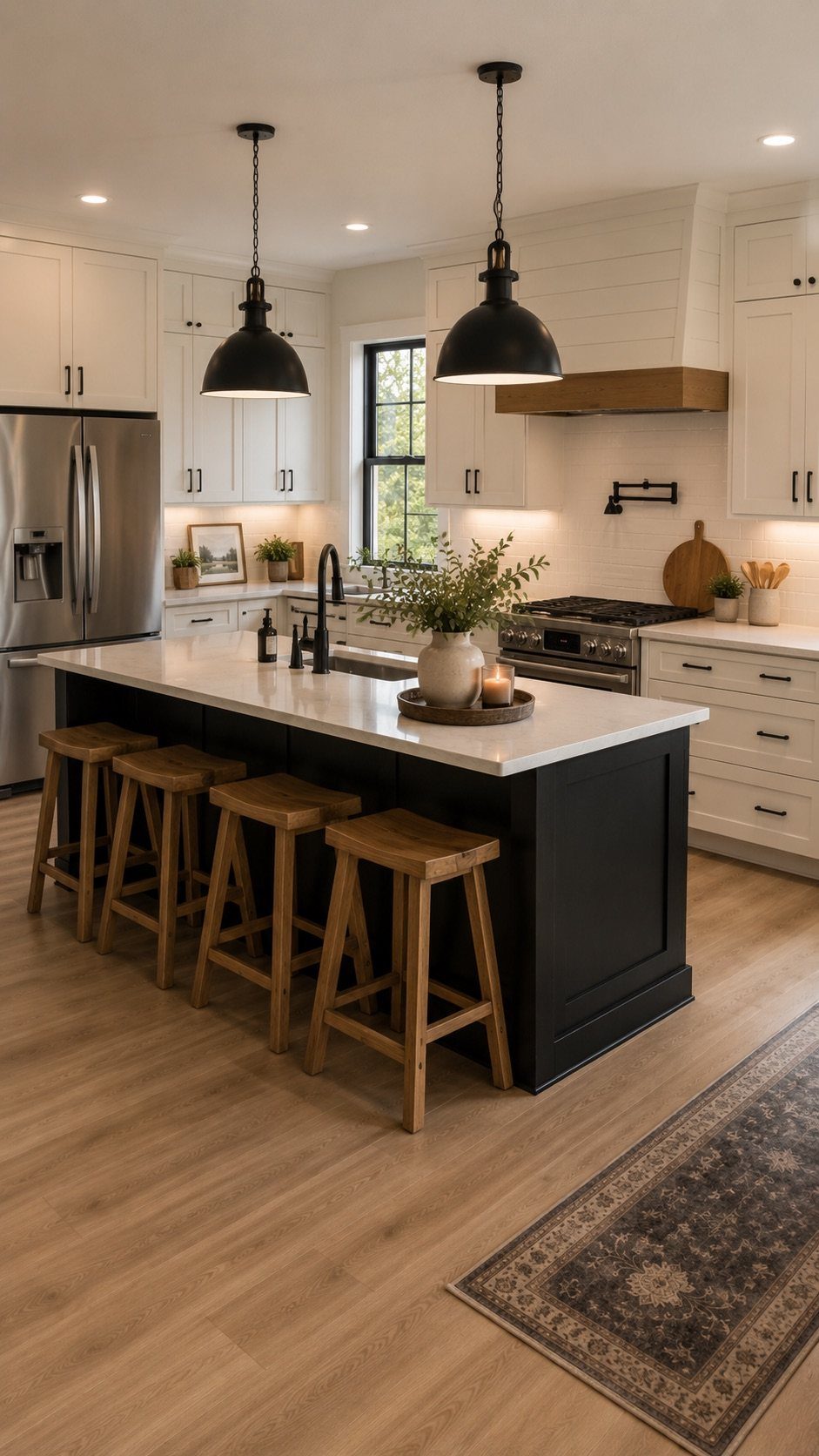 Black kitchen island with white countertop and wooden stools in a bright kitchen.