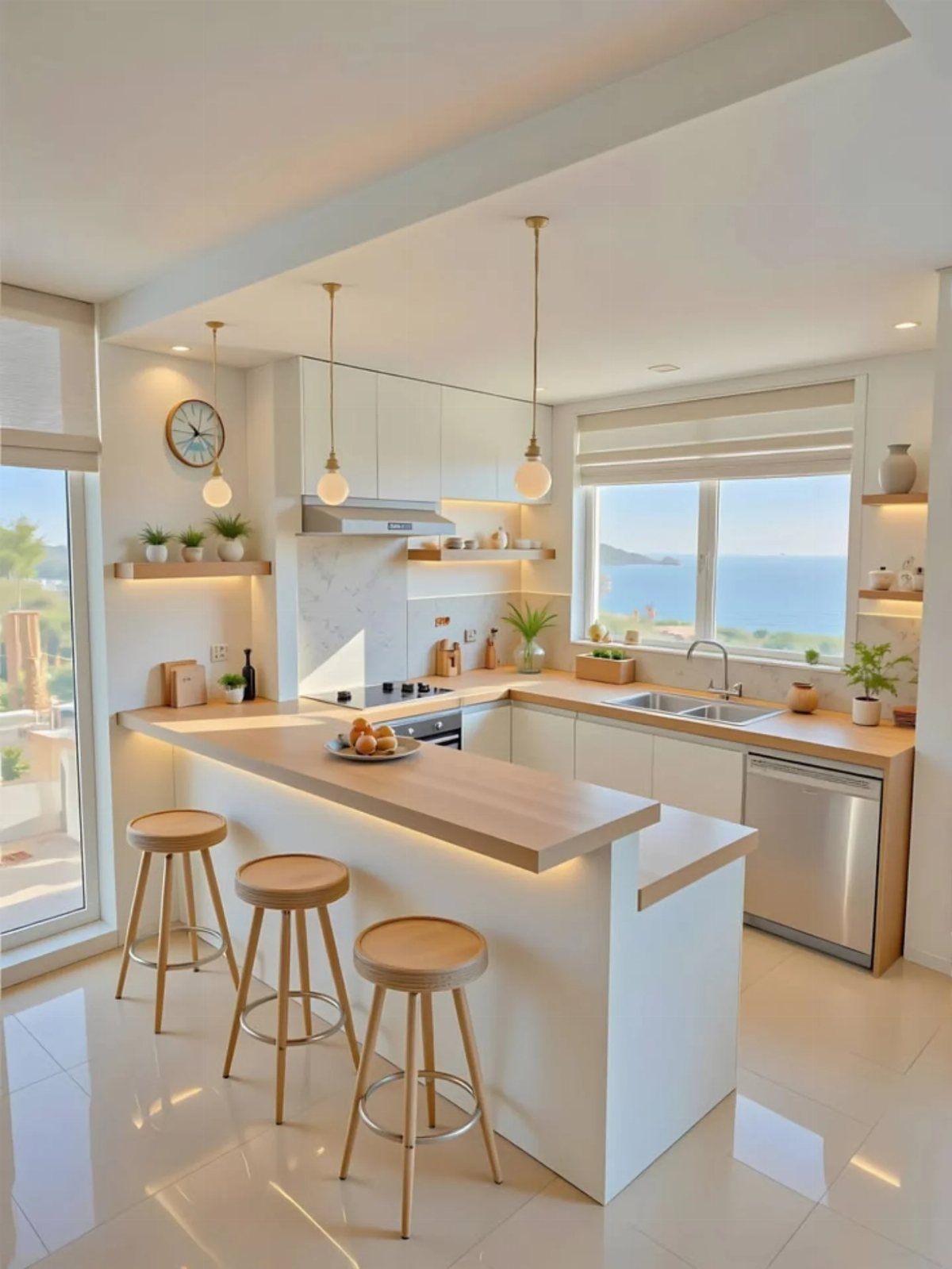 White minimalist kitchen cabinets with light wood countertops and a view of the ocean.