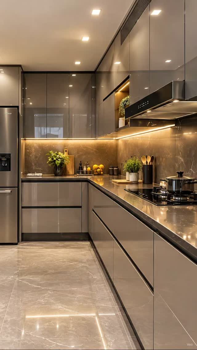 Sleek taupe kitchen with glossy flat-panel cabinets and dark stone countertops.