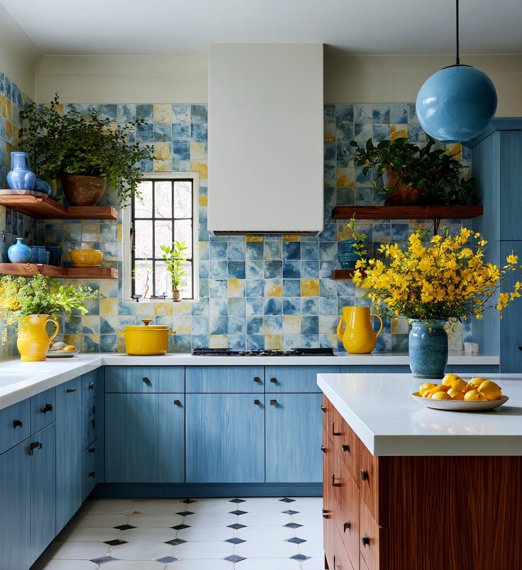 Blue kitchen cabinets and a blue and yellow tiled backsplash with bright yellow accents.
