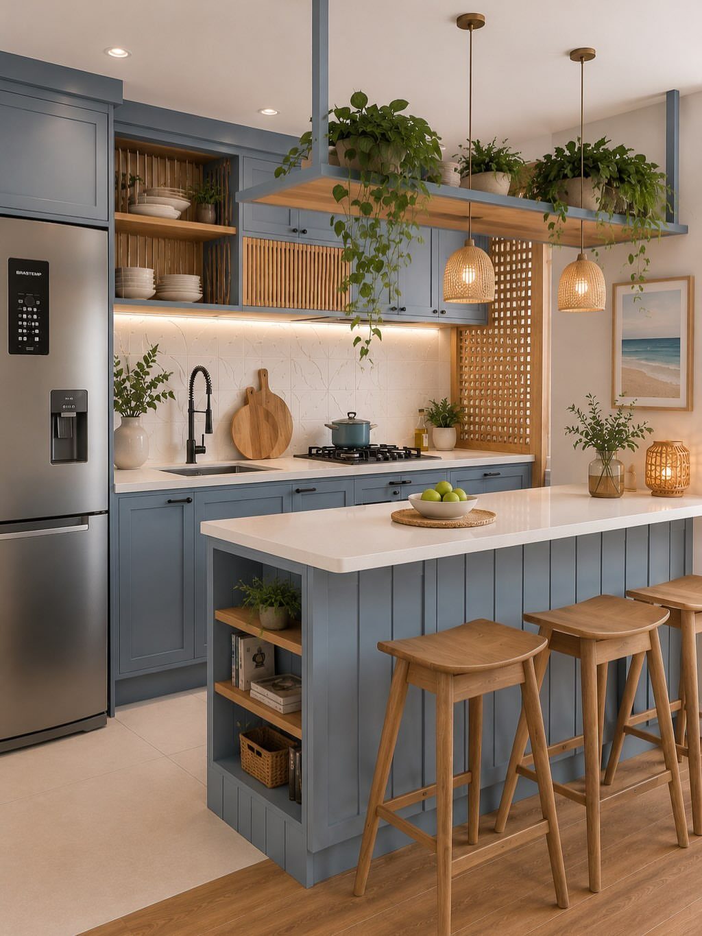 Blue kitchen cabinets and island with white countertops, wooden stools, and hanging greenery.