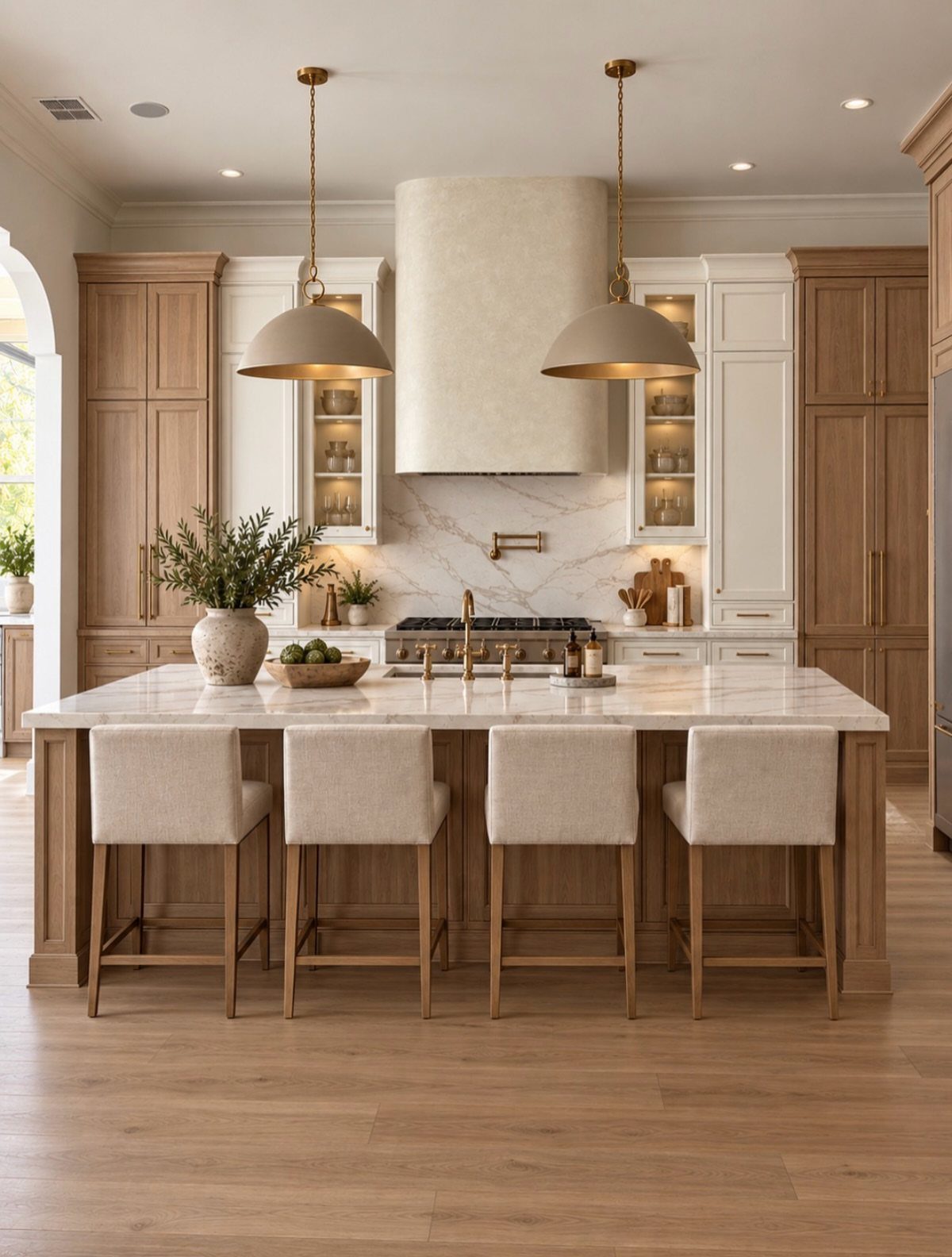 Kitchen with white marble island, cream upholstered stools, and light wood cabinetry.