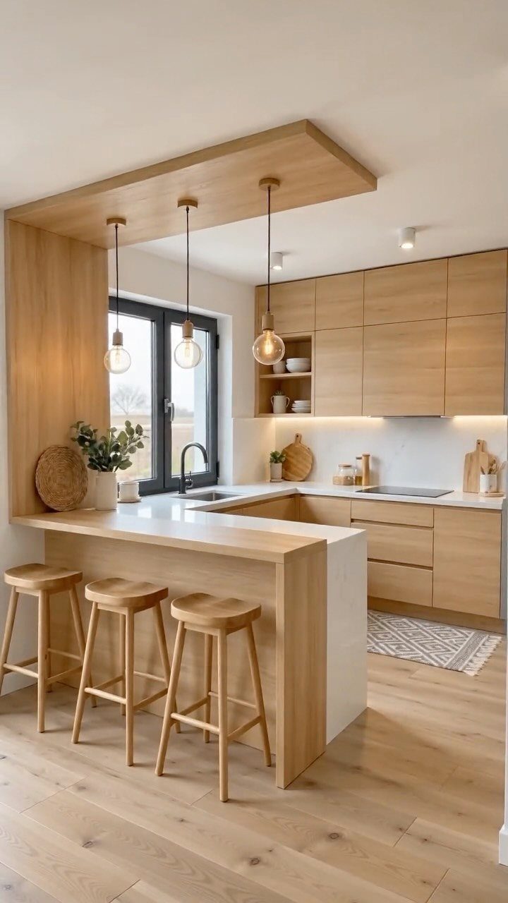 Light wood kitchen with matching cabinets, island, and three wooden bar stools.