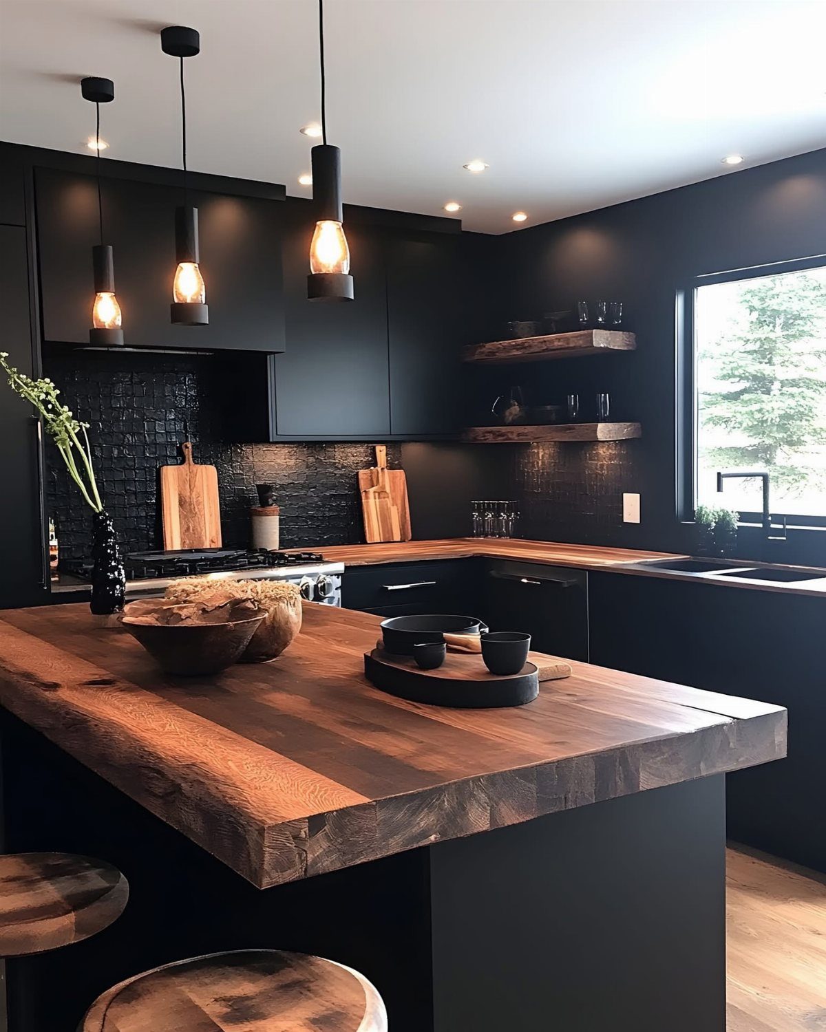 Modern kitchen with matte black cabinets and thick natural wood countertops and shelving.