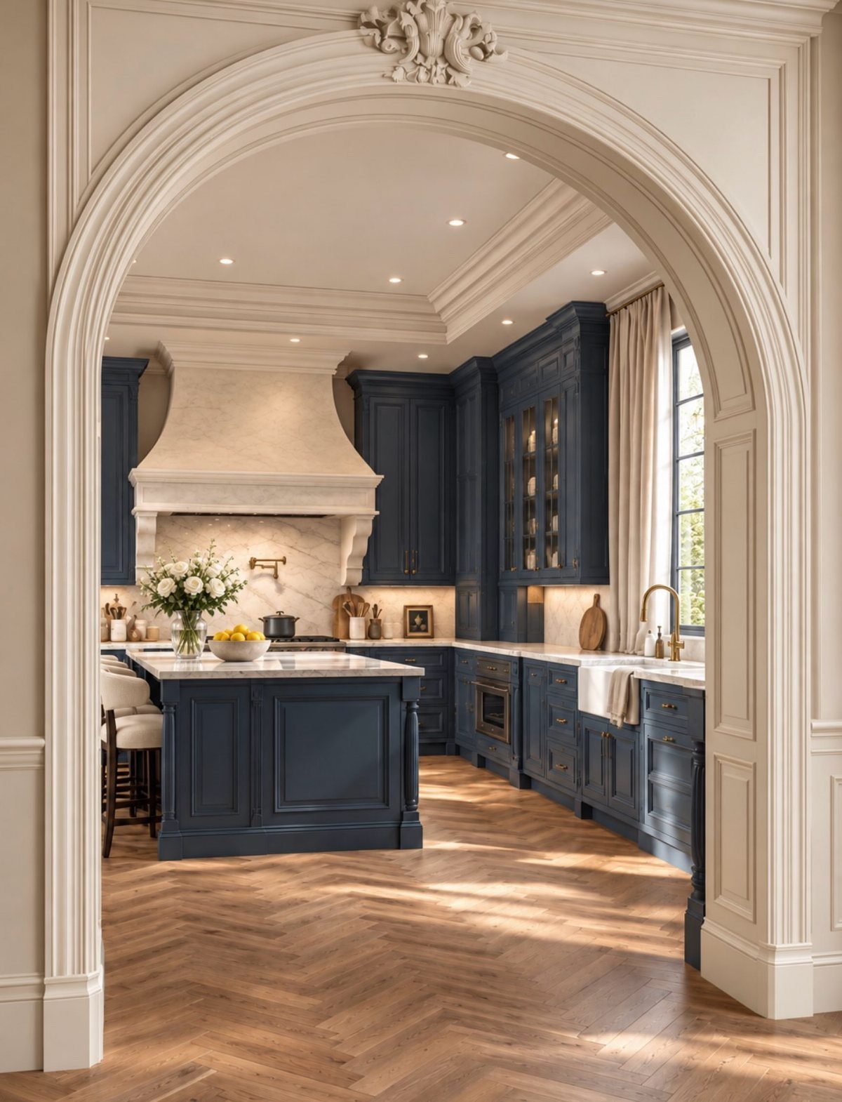 Navy blue kitchen cabinets with white marble countertops and tan herringbone wood floors.