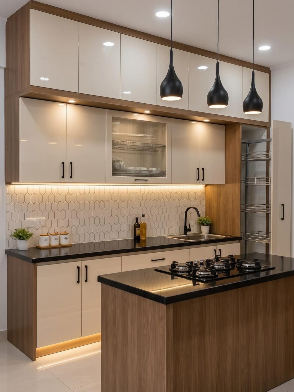 Cream kitchen cabinets with black countertops, black pendant lights, and wood accents.