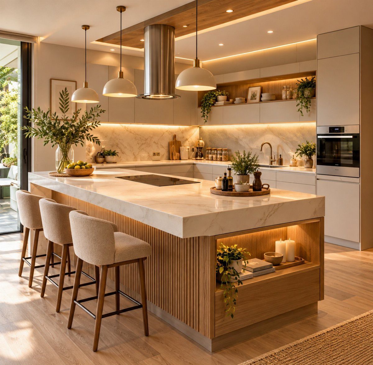 Modern kitchen with cream cabinets, white marble island, and light wood accents.