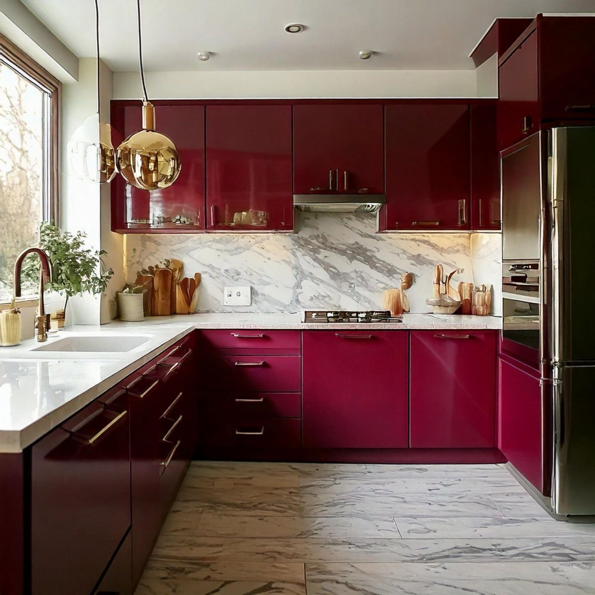 Deep red glossy kitchen cabinets with white marble countertops and matching marble flooring.