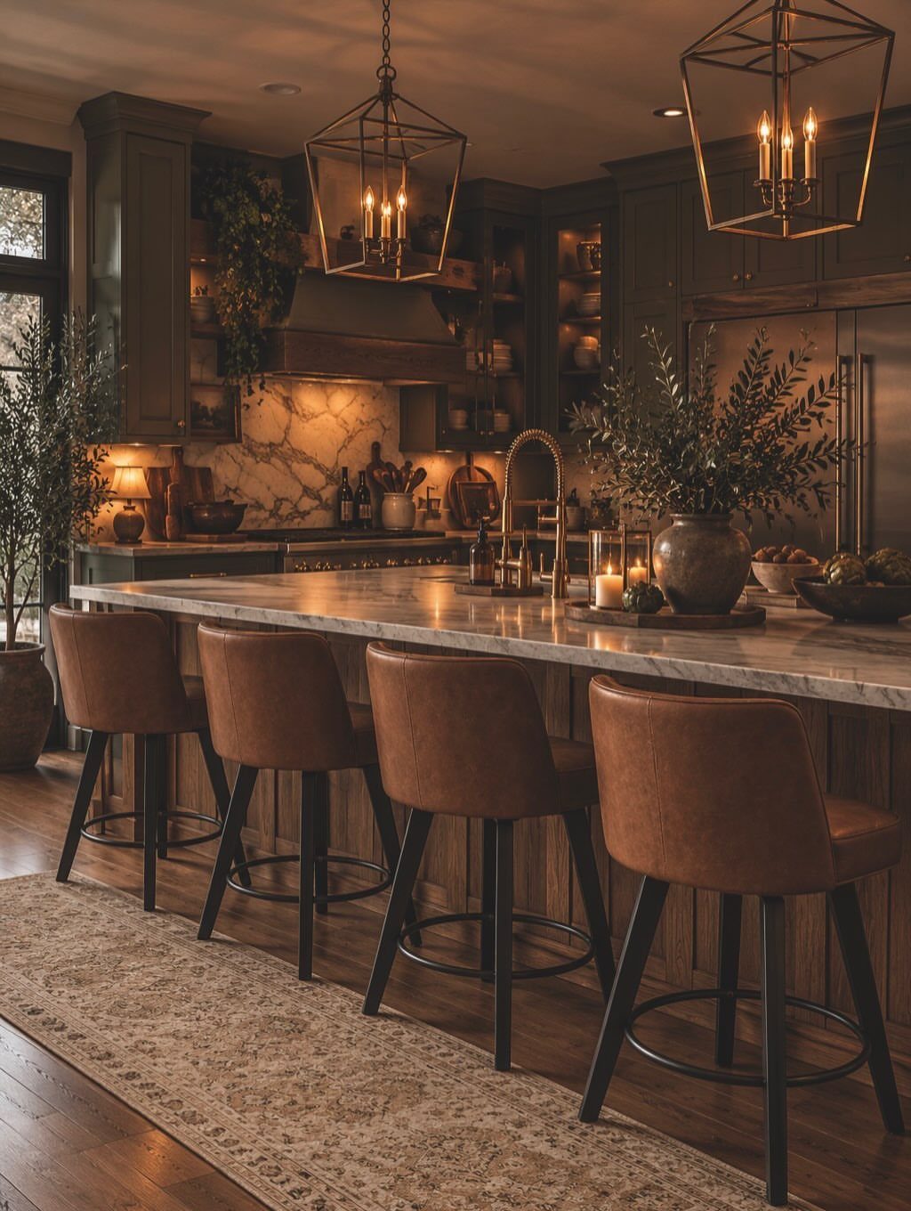 Dark green kitchen cabinets with brown leather bar stools and white marble countertops.