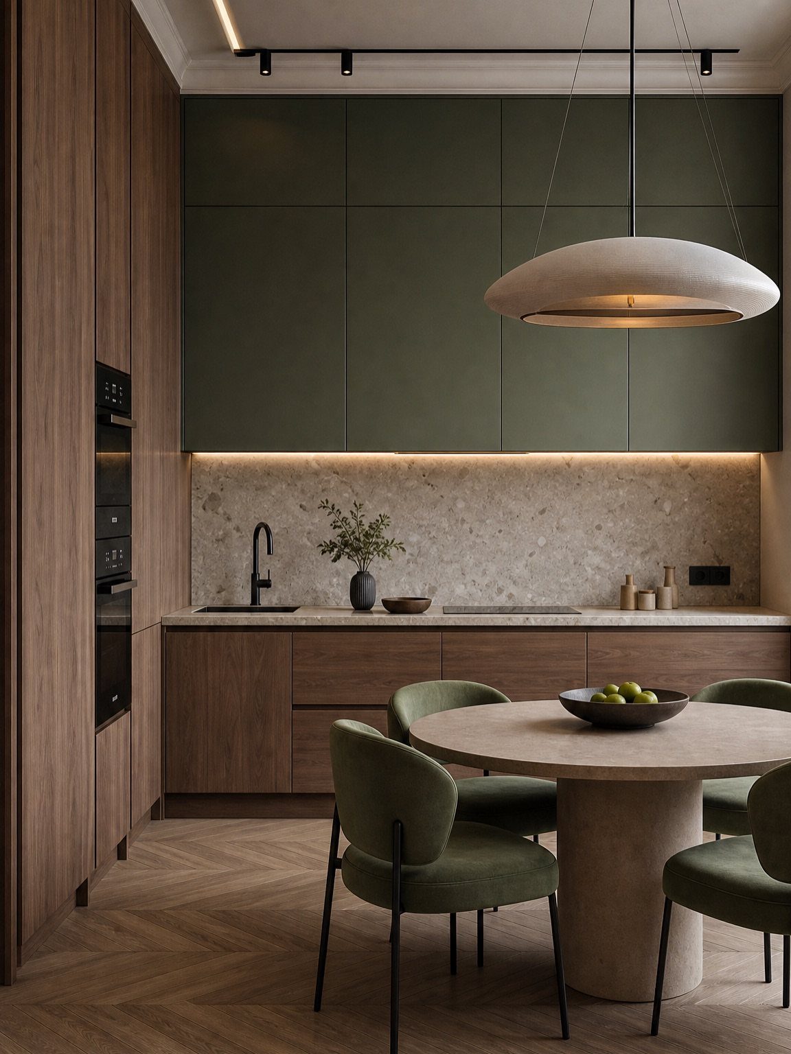 Modern kitchen with dark green upper cabinets, light wood lower cabinets and green chairs.