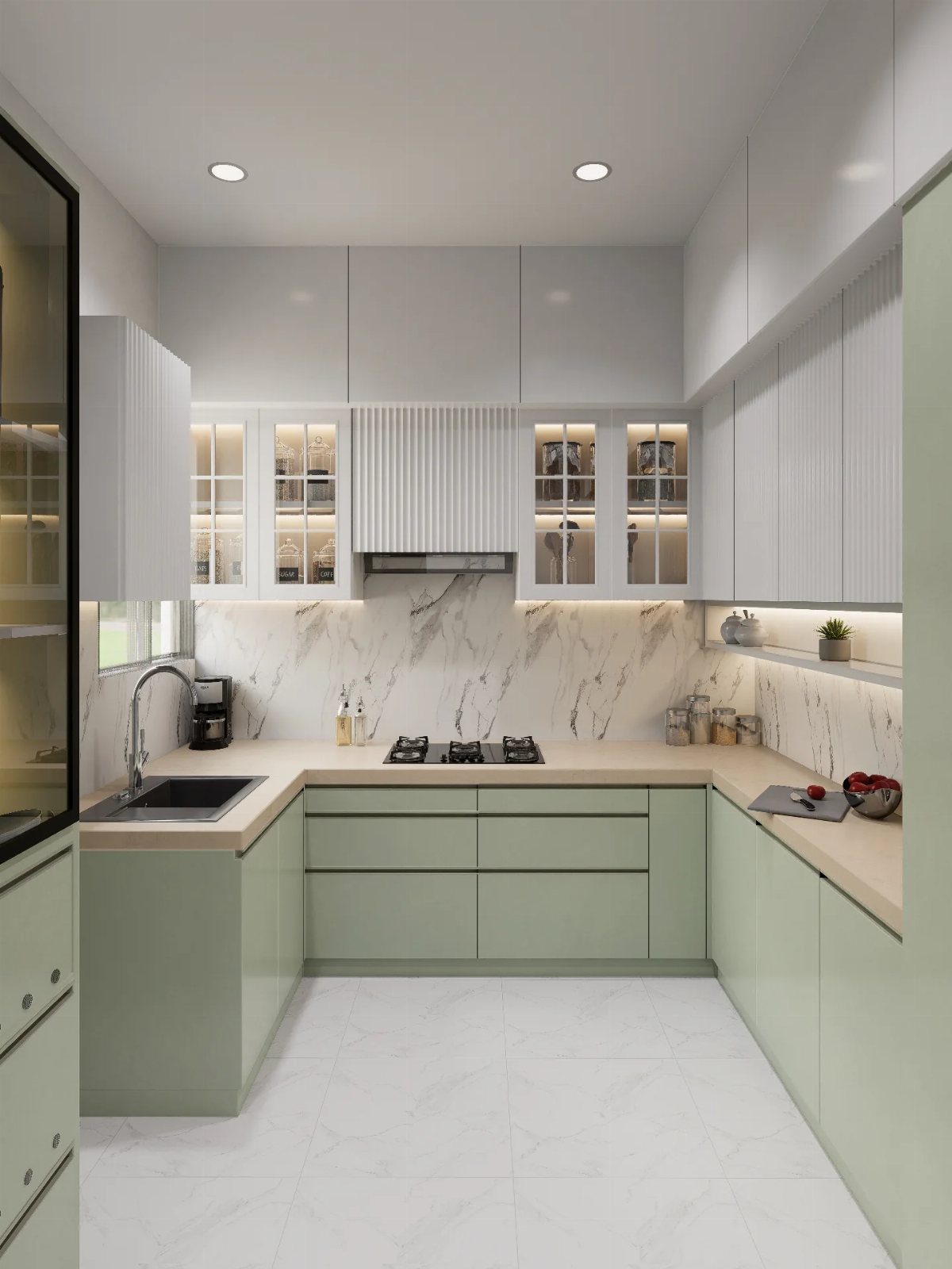 Sage green lower cabinets and white upper cabinets in a modern marble kitchen.