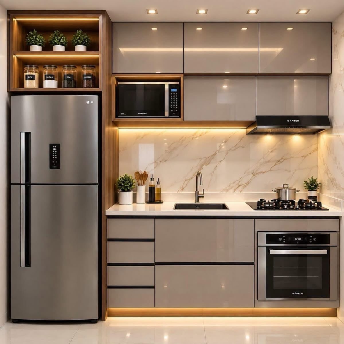 Modern kitchen with glossy grey cabinets, white marble backsplash, and wood accents.