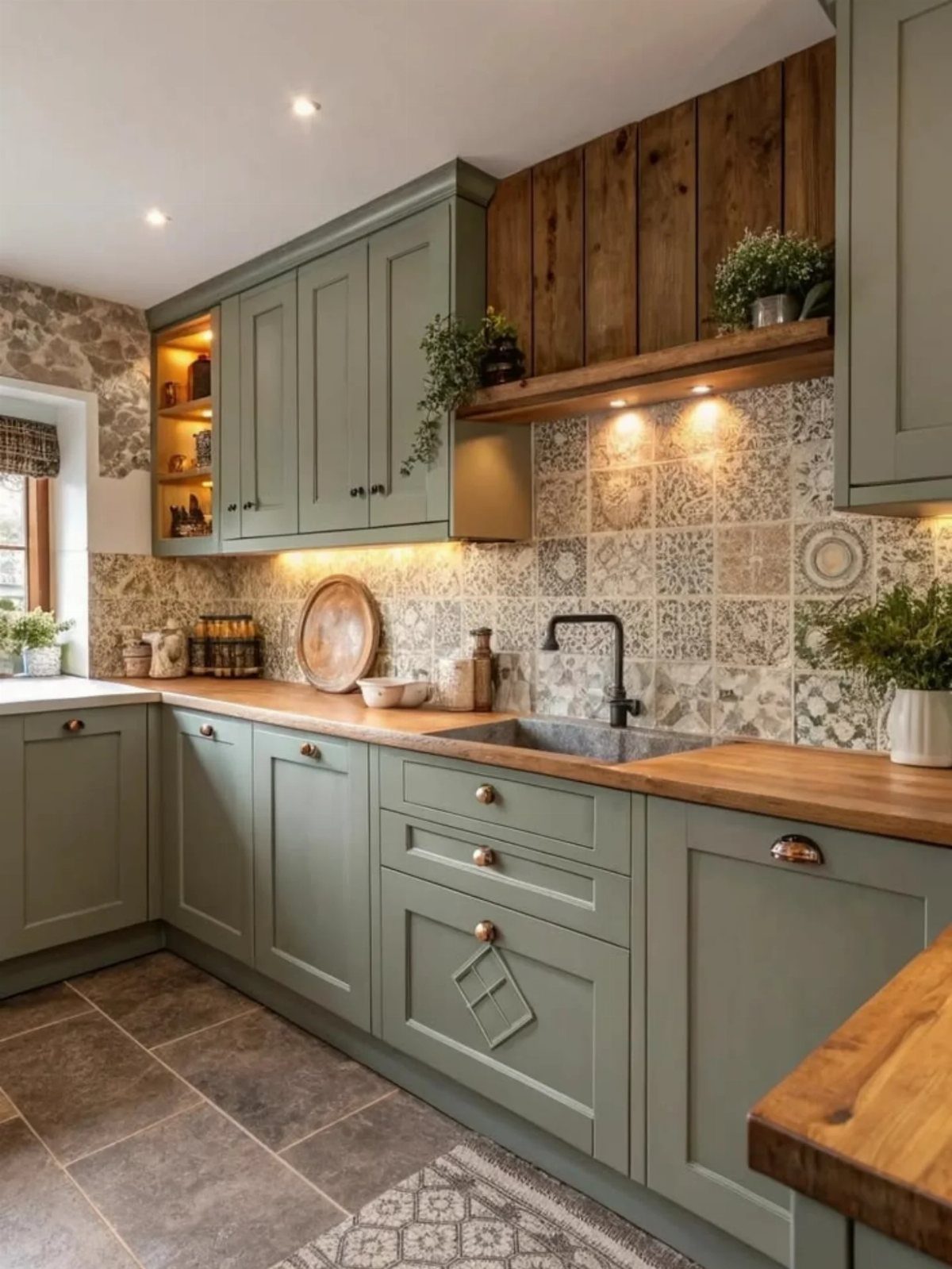 Light sage green kitchen cabinets paired with red-toned wooden countertops and wall panels.