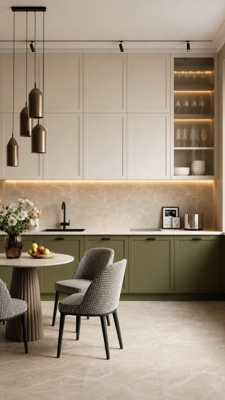 Olive green lower cabinets and cream upper cabinets in a modern kitchen setting.