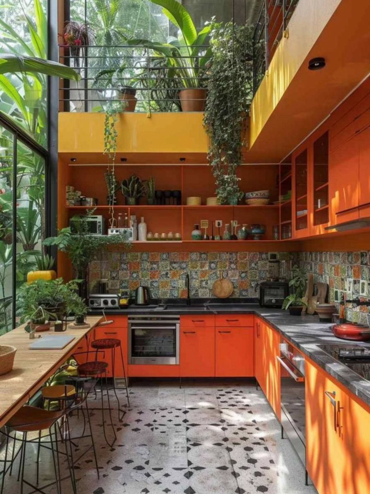 Bright orange kitchen cabinets with black countertops and colorful patterned tile backsplash.
