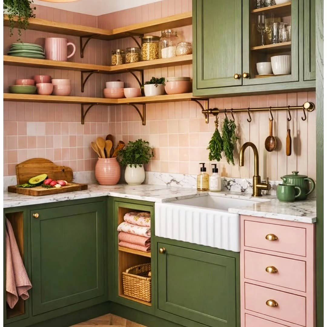 Green and pink kitchen cabinets with pink tiled walls and white marble countertops.