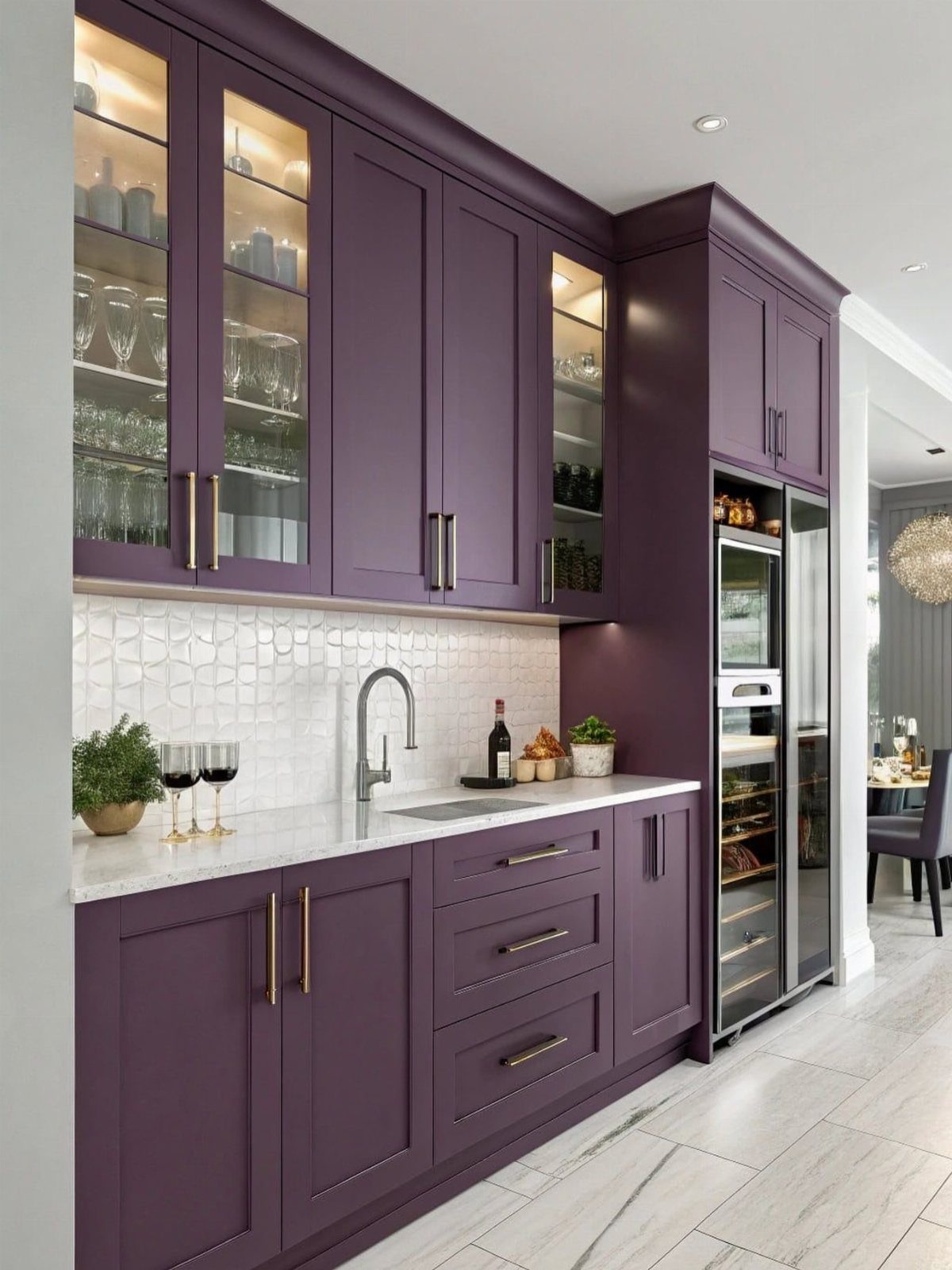 Deep purple kitchen cabinets with gold hardware and white marble countertops and flooring.