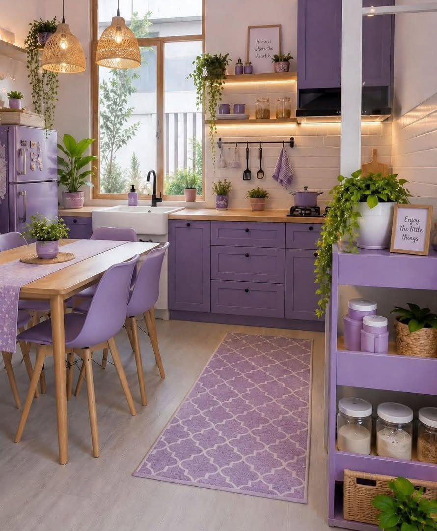 Purple kitchen cabinets and chairs paired with natural wood countertops and dining table.