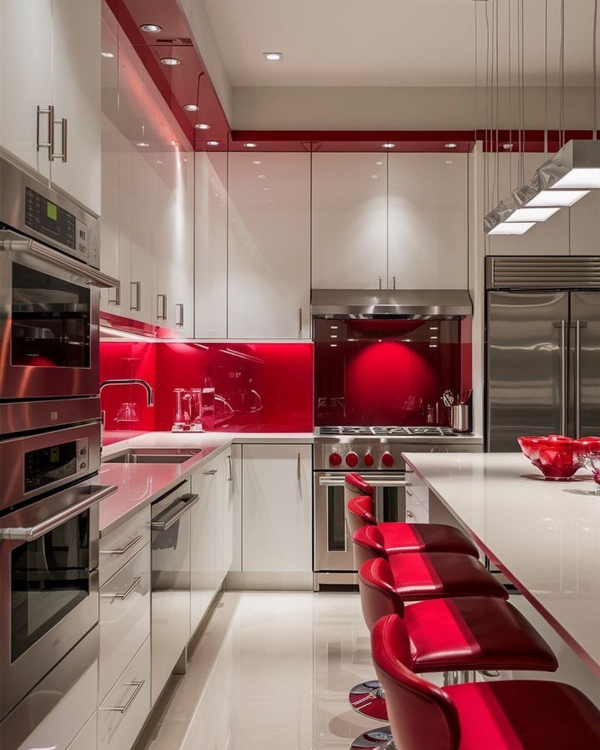 Modern white kitchen with a vibrant red backsplash and red leather bar stools.