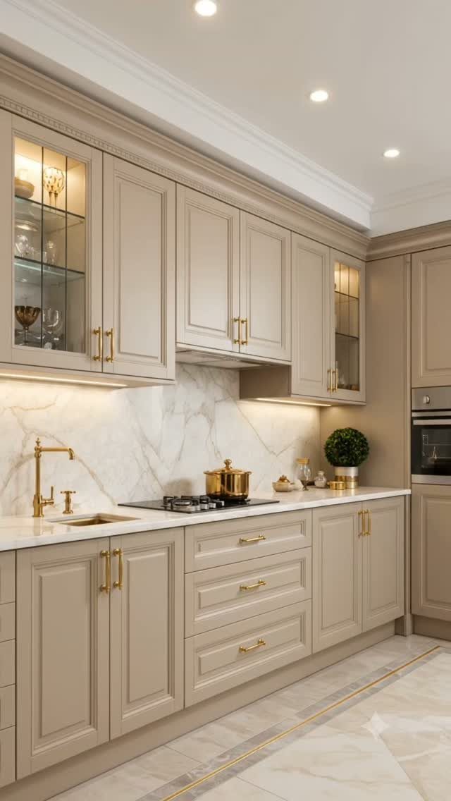 Sand-colored kitchen cabinets with ivory marble countertops and gold hardware in a bright room.