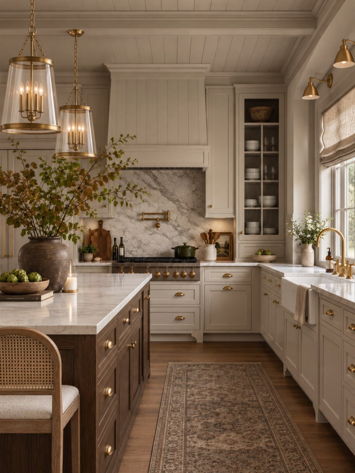 Gold pendant lights hanging over a marble kitchen island in a rustic kitchen