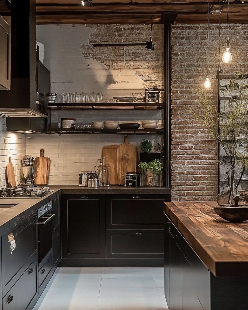 Rustic kitchen with black cabinets, wooden countertops, and industrial metal open shelving.