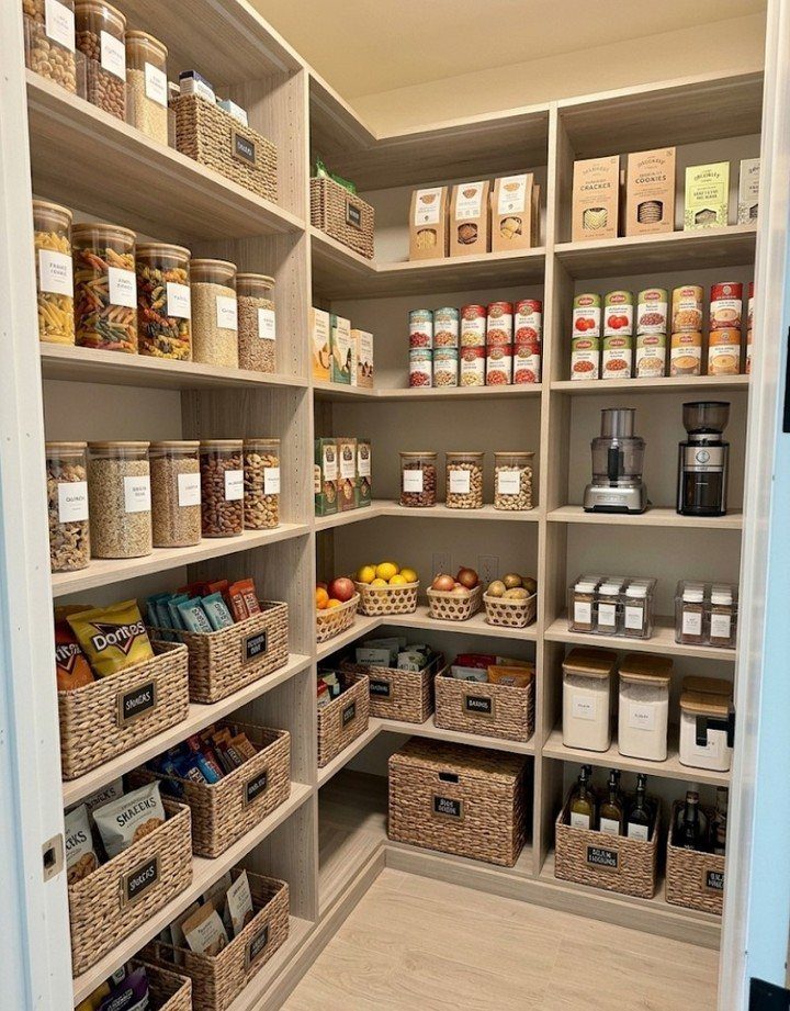 Woven wicker baskets used for storage on light wood pantry shelves.