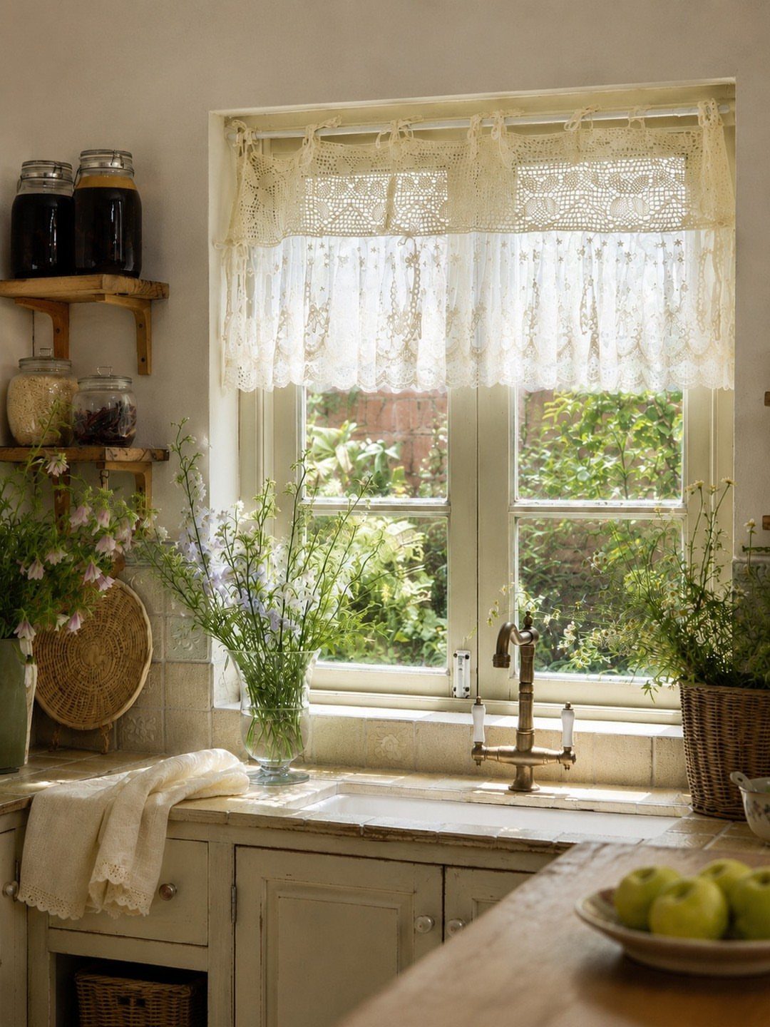 Lace curtains and a cream cloth softening a rustic kitchen with wooden counters.