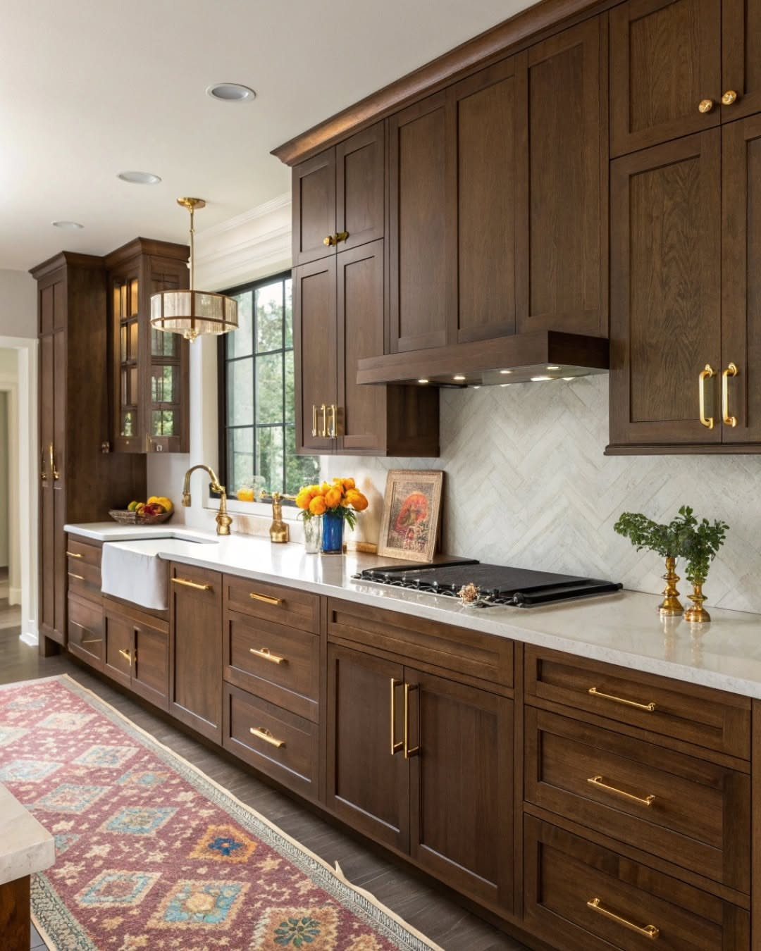 Dark brown natural wood kitchen cabinets with gold hardware and white marble countertops.