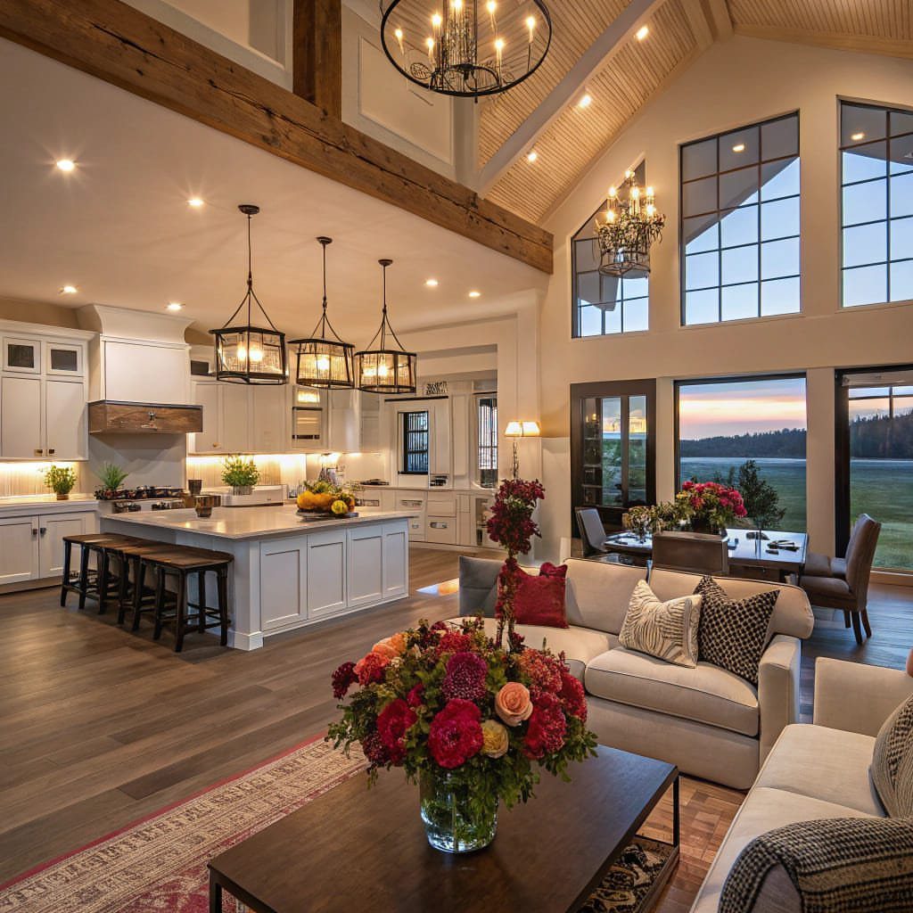 Open concept living space combining a white rustic kitchen, dining area, and living room.