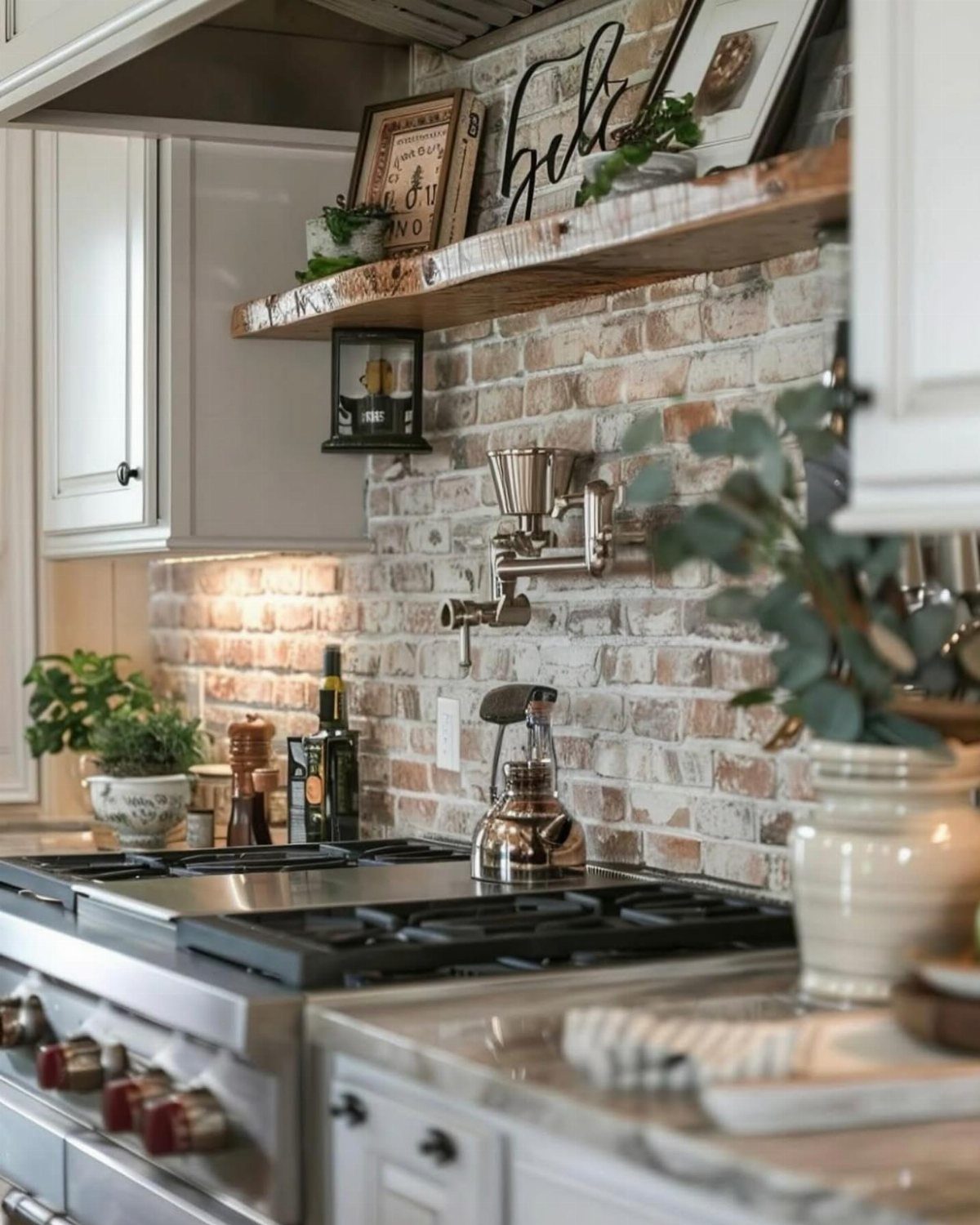 White-washed brick backsplash in a rustic kitchen with a wooden shelf and stove.