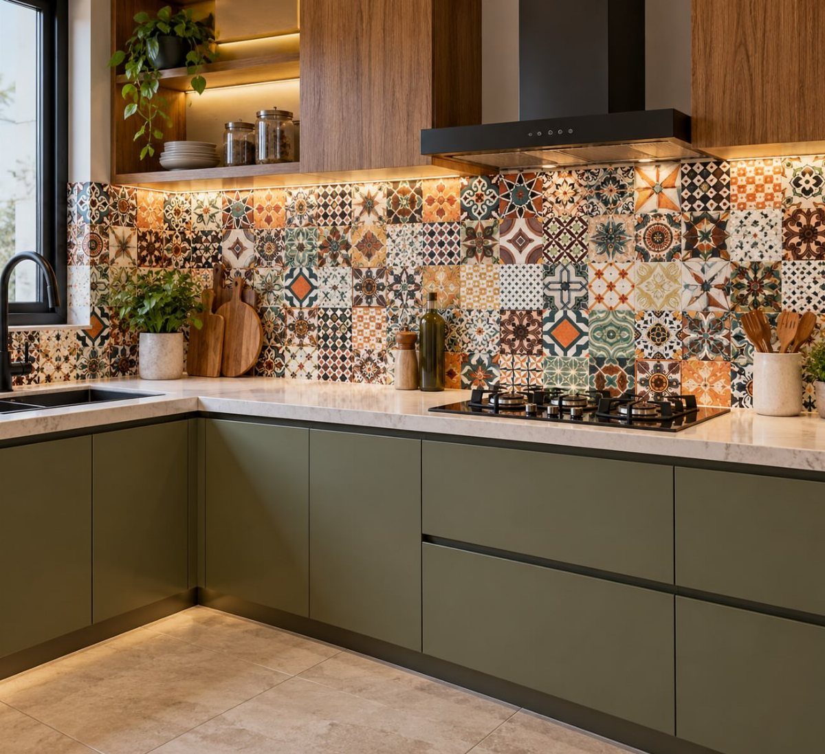 Patterned tile backsplash in a kitchen with olive green cabinets and wood shelving.